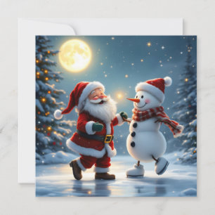 Cute Santa and snowman dancing on ice in winter Holiday Card
