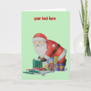 Cute santa and toys wrapping Christmas gifts Holiday Card