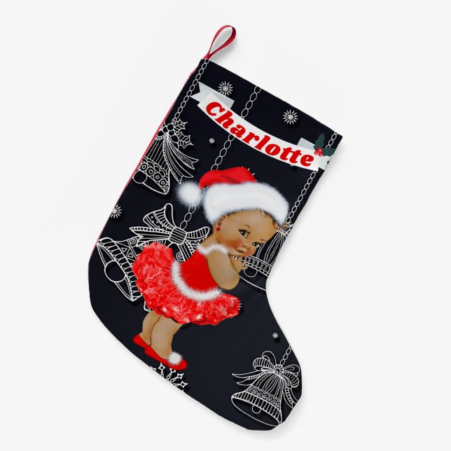 Cute Santa Baby Girl Ethnic Name Bells Snowflakes Small Christmas Stocking (Front (Hanging))