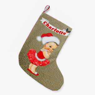 Cute Santa Baby Girl Monogram Name Red Gold Small Christmas Stocking