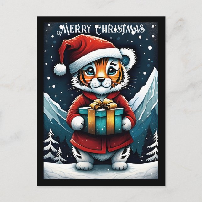Cute Santa Baby Tiger Snowy Christmas Postcard (Front)