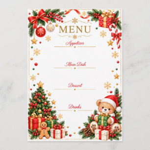 Cute Santa Bear Christmas Menu Card   Customizable