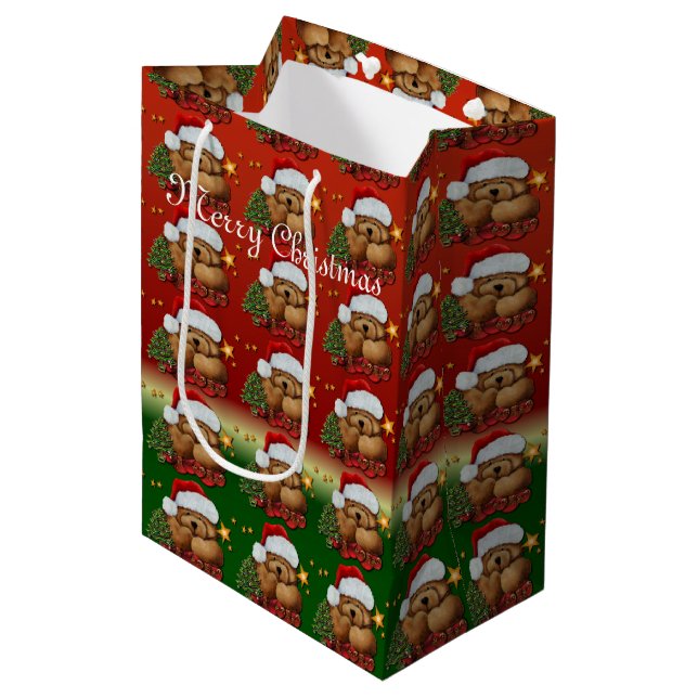 Cute Santa Bear Medium Christmas Gift Bag 2 (Front Angled)