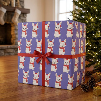 Cute Santa Bunny Christmas Pattern Purple Wrapping Paper