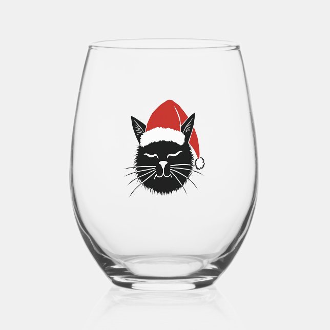 Cute Santa Cat Lover Christmas Men Women Kids T-Sh Stemless Wine Glass (Front)