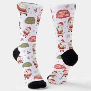 Cute Santa Cat Pattern "Merry Christmas" Holiday  Socks