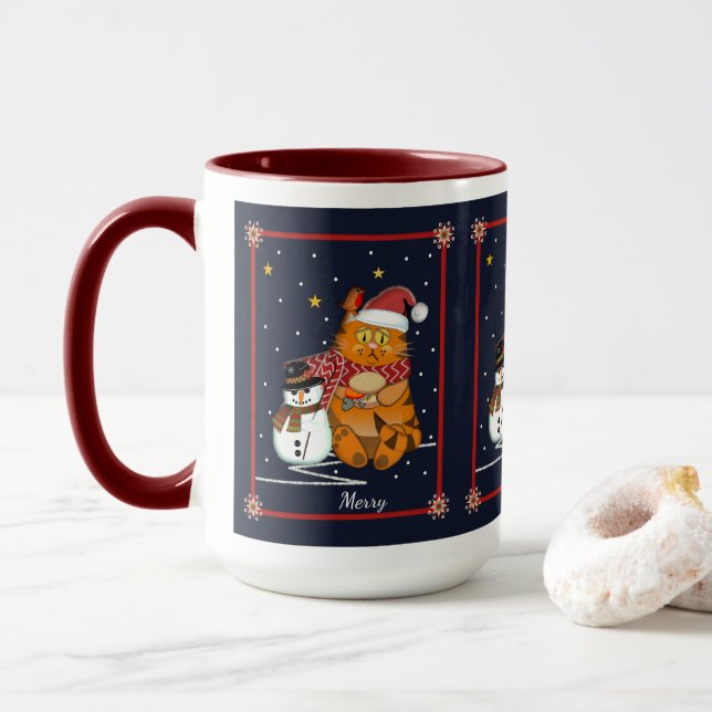 Cute Santa cat, snowman and custom text Mug (With Donut)