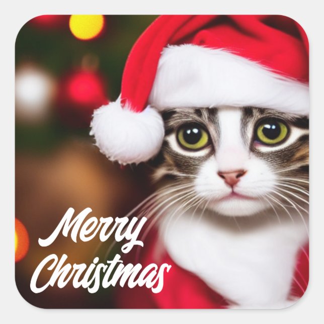 Cute Santa Cat Square Sticker (Front)