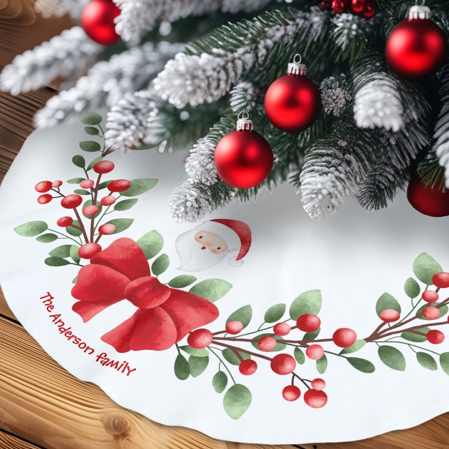 Cute Santa Christmas Berries Bow Family Name Brushed Polyester Tree Skirt (Cute Santa Christmas Berries Bow Family Name Brushed Polyester Tree Skirt)