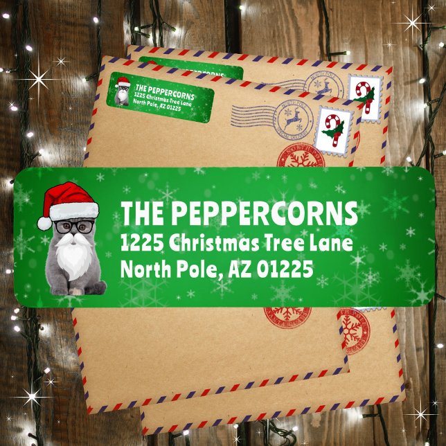 Cute Santa Christmas Cat Green Return Address (Available in multiple colors. Personalize and make it your own!)