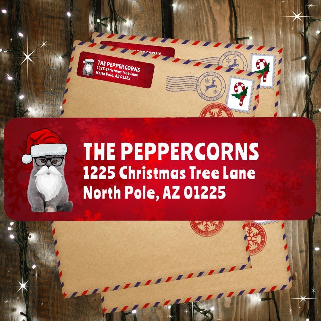 Cute Santa Christmas Cat Red Return Address (Available in multiple colors. Personalize and make it your own!)