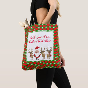 Cute Santa Christmas Plaid Custom Typography Tote Bag
