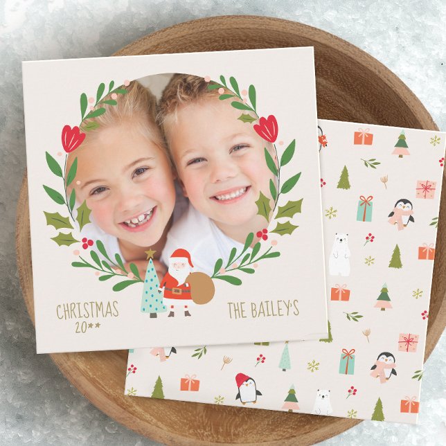 Cute Santa Christmas  Wreath Photo Card (Creator Uploaded)