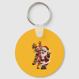 Cute Santa Claus and Deer Christmas HolidayFestive Keychain
