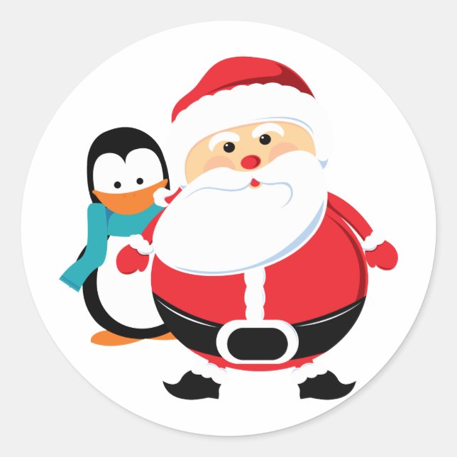 Cute Santa Claus And Penguin Classic Round Sticker (Front)
