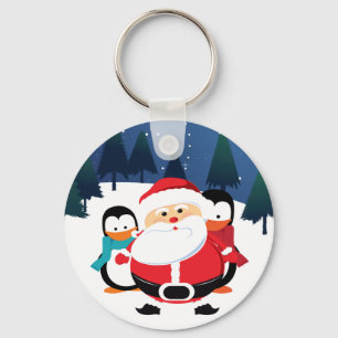 Cute Santa Claus And Penguin In Winter Scene Keychain