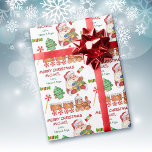 Cute Santa Claus Christmas Sweets Personalized Wrapping Paper<br><div class="desc">Here's a bright, colourful, and fun Christmas wrapping paper for kids that you can personalize with their name and yours! It features a jolly image of Santa Claus with an armful of gifts, and an adorable gingerbread cookie train with peppermint wheels. Along with those images are a green frosted Holiday...</div>