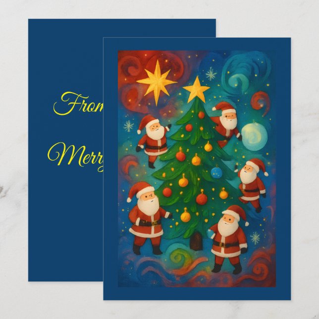 Cute Santa Claus Christmas Tree Illustration Holiday Card (Front/Back)