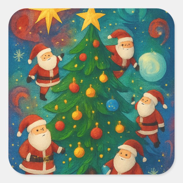 Cute Santa Claus Christmas Tree Illustration Square Sticker (Front)