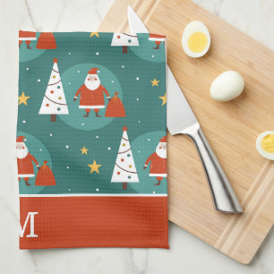 Cute Santa Claus Christmas Tree Pattern Monogram Kitchen Towel