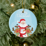 Cute Santa Claus, deer and snowman Ceramic Ornament<br><div class="desc">santa claus reindeer reindeer, 
lovely art colourful comic , 
snowflake drawing title joy , 
nose man frozen friends , 
cheerful kids happiness animal , 
fun winter funny red , 
cartoon xmas snow illustration , 
holiday merry character snowman , 
deer happy cute christmas , 
reindeer santa claus reindeer , </div>