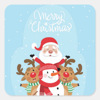 Cute Santa Claus, deer and snowman Square Sticker