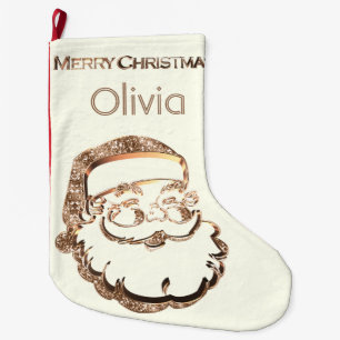 Cute Santa Claus Elegant Gold Ivory White Large Christmas Stocking