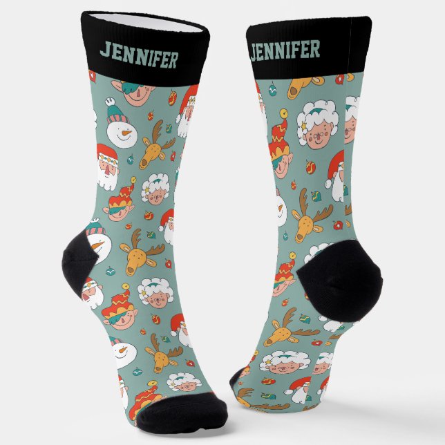 Cute Santa Claus Family Pattern Christmas Holiday Socks (Angled)