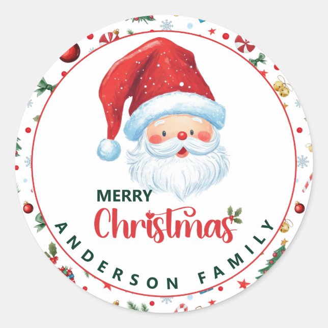 Cute Santa Claus& Festive Pattern Merry Christmas Classic Round Sticker (Front)