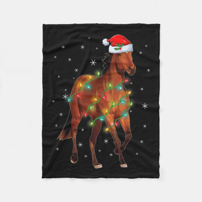 Cute Santa Claus Horse Xmas Tree Lights Merry Chri Fleece Blanket (Front)