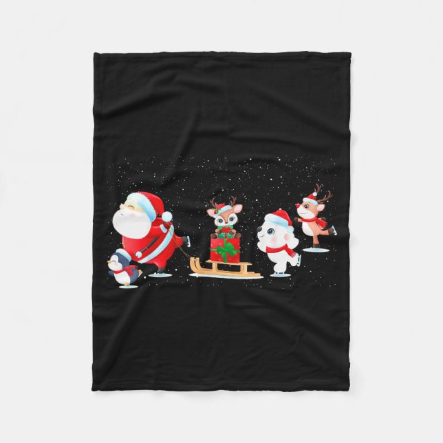 Cute Santa Claus Ice Skating With Friends - Family Fleece Blanket (Front)
