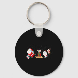 Cute Santa Claus Ice Skating With Friends - Family Keychain