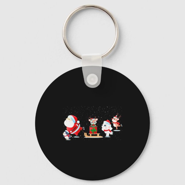 Cute Santa Claus Ice Skating With Friends - Family Keychain (Front)