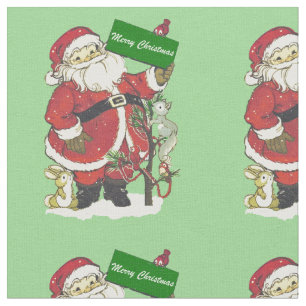 Cute Santa Claus Little Animals Tree Light Green Fabric