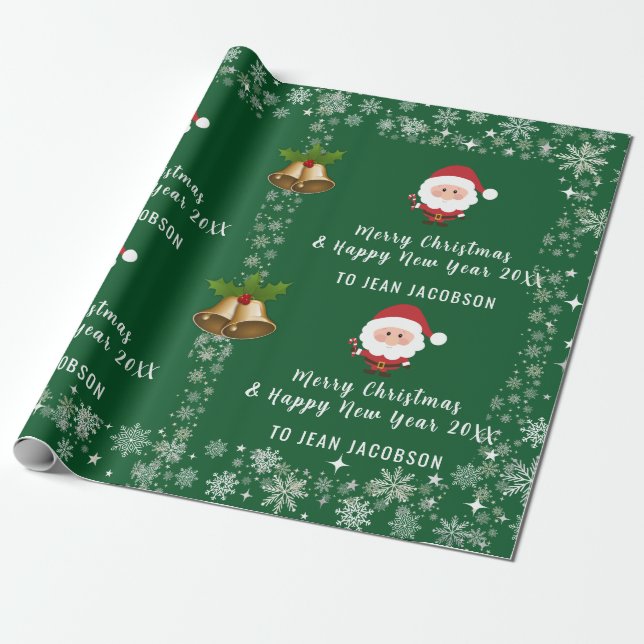 Cute Santa Claus Modern Script Personalized Name Wrapping Paper (Unrolled)