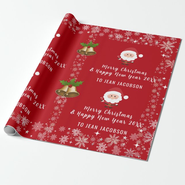 Cute Santa Claus Modern Script Personalized Name Wrapping Paper (Unrolled)