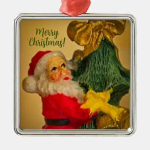 Cute Santa Claus on Christmas Tree Vintage Metal Ornament