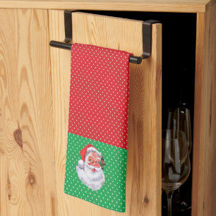 Cute Santa Claus on Red and Green Polka Dots Kitchen Towel