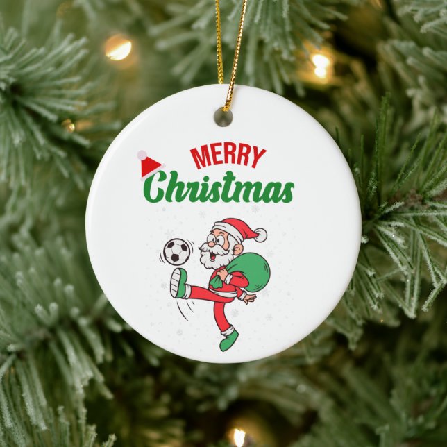 Cute Santa Claus Playing Soccer Christmas Cartoon  Ceramic Ornament (Tree)