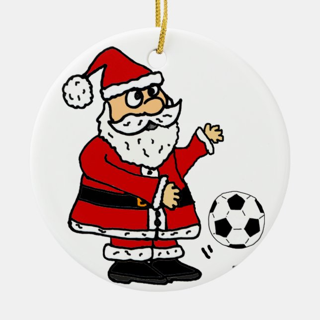 Cute Santa Claus Playing Soccer Christmas Cartoon Ceramic Ornament (Front)