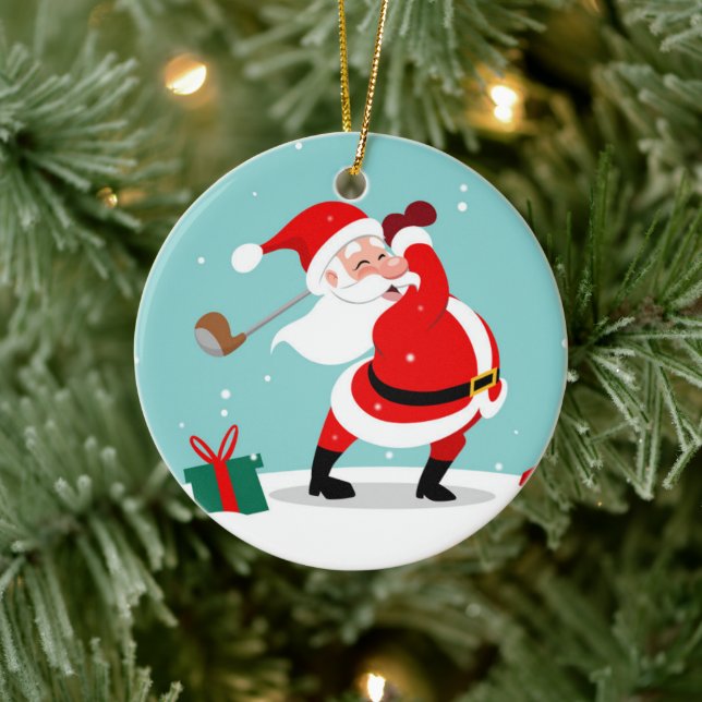 Cute Santa Claus plays golf illustration Ceramic Ornament (Tree)