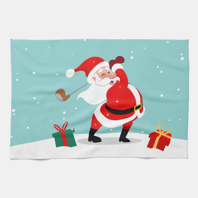 Cute Santa Claus plays golf illustration Kitchen Towel (Horizontal)