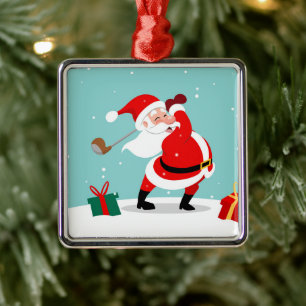 Cute Santa Claus plays golf illustration Metal Ornament