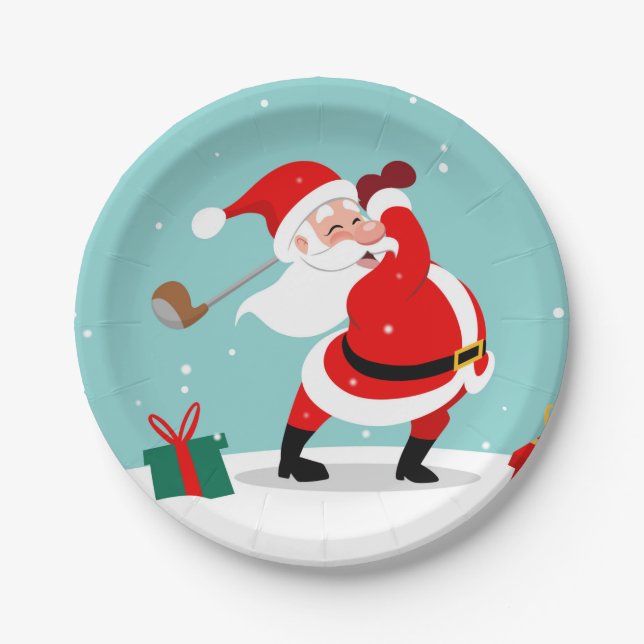 Cute Santa Claus plays golf illustration Paper Plate (Front)