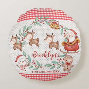 Cute Santa Claus Reindeer Snowman 1st Christmas  Round Pillow