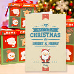 Cute Santa Claus Ribbon Blue Typographic Holiday Card<br><div class="desc">Cute Santa Claus with bordering red-starred ribbons at top and bottom.  Blue,  graphic typography on beige background.</div>