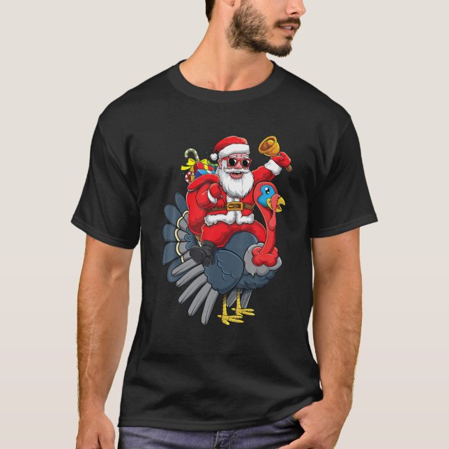 Cute Santa Claus Riding Turkey Thanksgiving Boys C T-Shirt (Front)