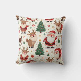 Cute Santa Claus, Rudolph and Christmas tree Throw Pillow