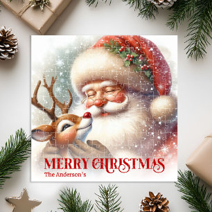 Cute Santa Claus Rudolph Personalized Holiday Kids Jigsaw Puzzle