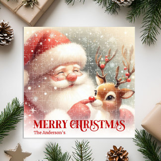 Cute Santa Claus Rudolph Personalized Kids Gift Jigsaw Puzzle